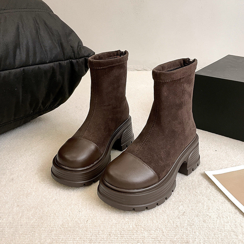 Retro Chunky Heel Versatile High-rise Suede Smoke Tube Boots - GlamzLife