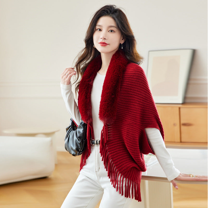 Women's Loose Tassel Fashion Shawl Jacket With Fur Collar - GlamzLife