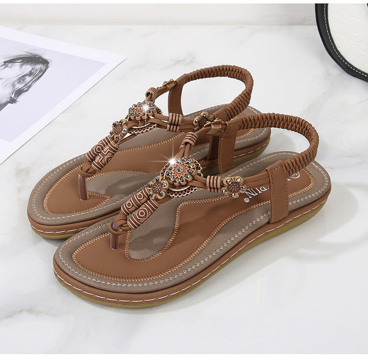 Women's Sandals Wooden Bead Woven Large Size Flat Bottom Casual