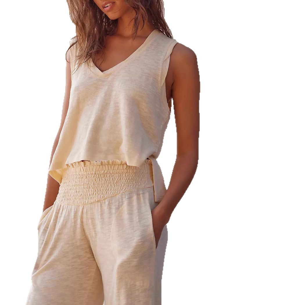 Women's Knitted V-neck Top Elastic Waist Two-piece Suit