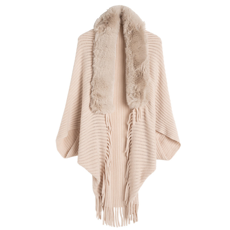 Women's Loose Tassel Fashion Shawl Jacket With Fur Collar - GlamzLife