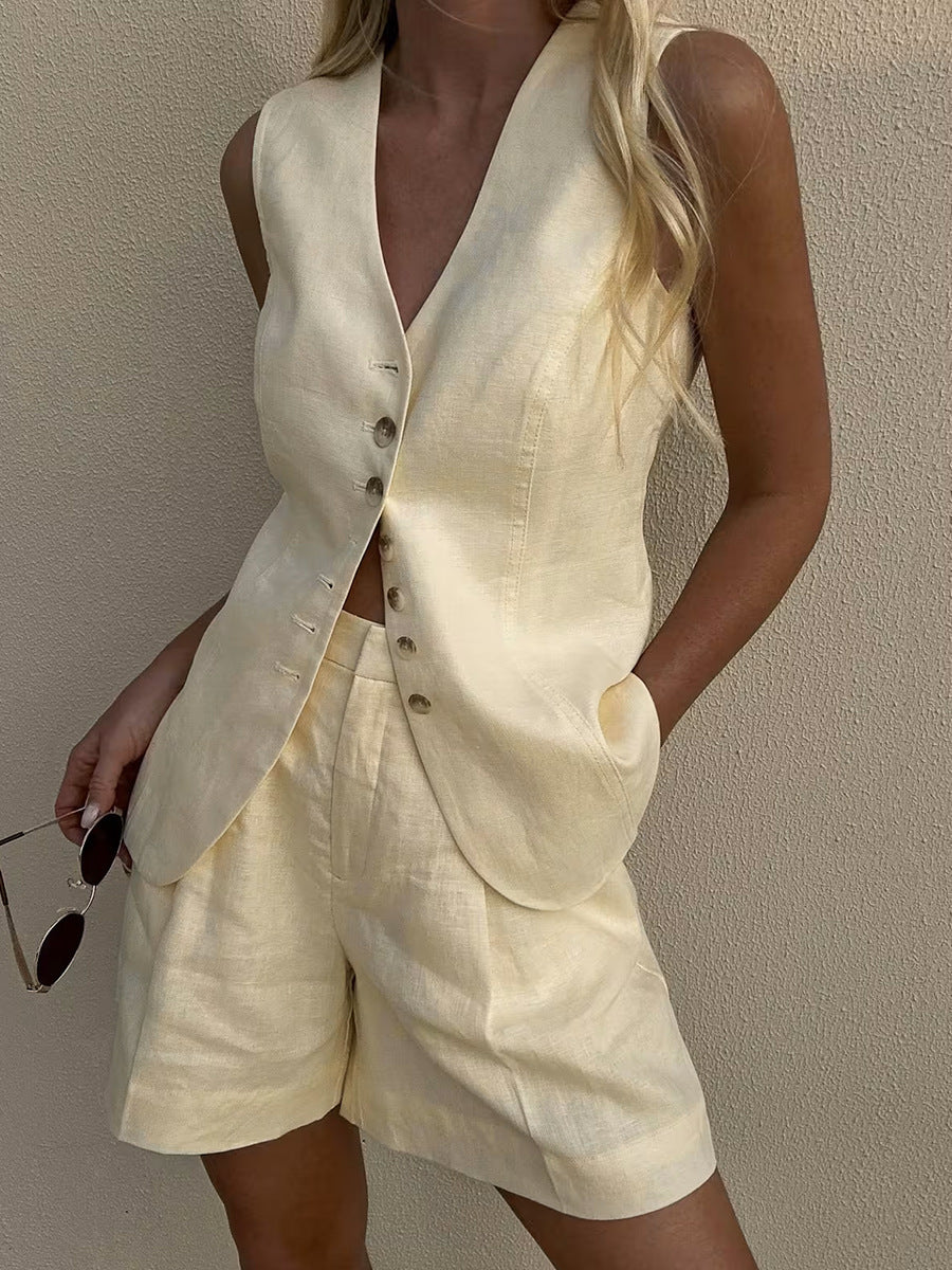Cotton Linen Shorts Commuter Vest Shorts Suit - GlamzLife