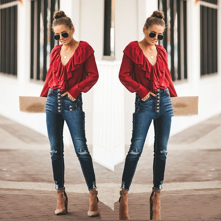 V-neck Flounce Loose And Stylish Long Sleeves Chiffon Shirt