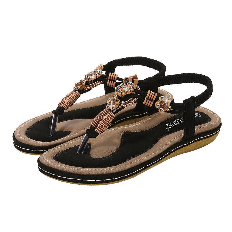 Women's Sandals Wooden Bead Woven Large Size Flat Bottom Casual