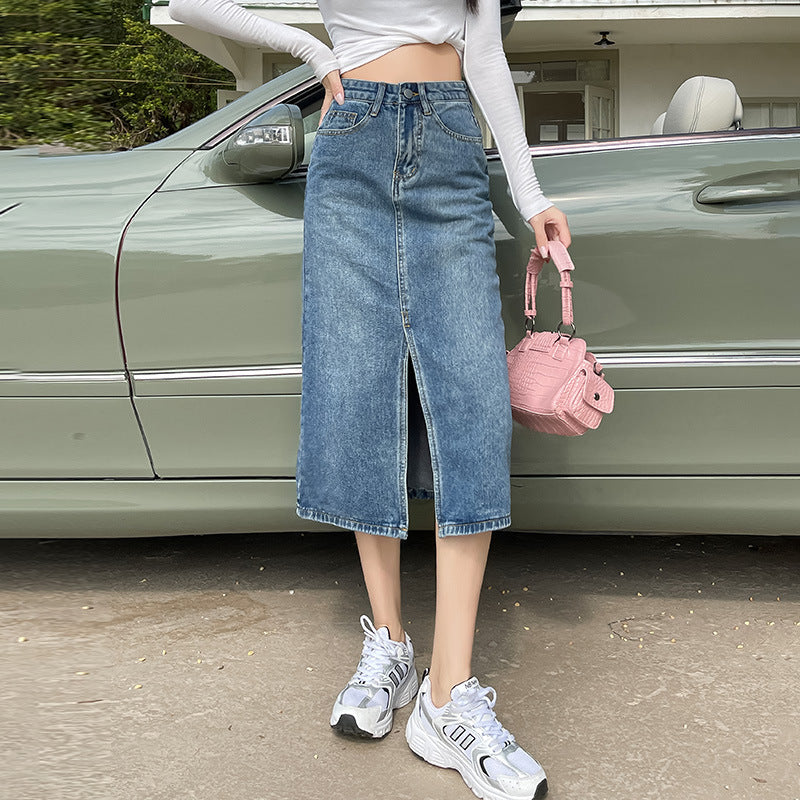 High Waist Slit Denim Skirt For Women - GlamzLife