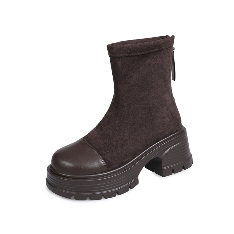 Retro Chunky Heel Versatile High-rise Suede Smoke Tube Boots - GlamzLife