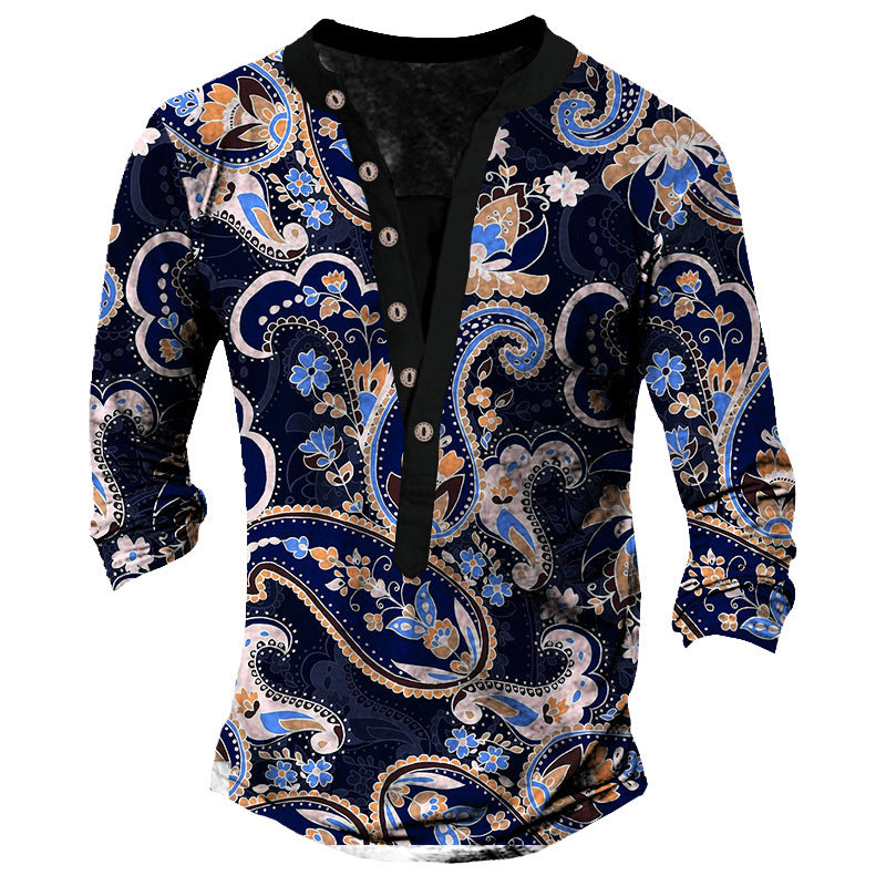 Printed Retro Fashion Casual Henry Neck Long Sleeves T-shirt | GlamzLife