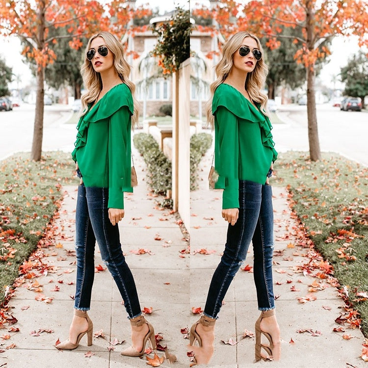 V-neck Flounce Loose And Stylish Long Sleeves Chiffon Shirt