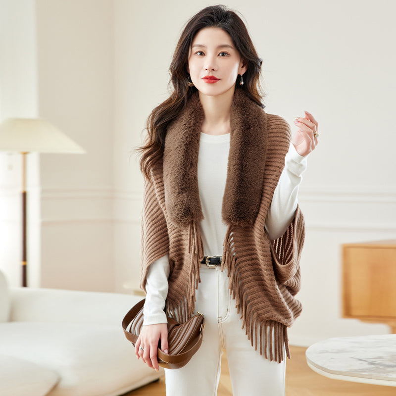 Women's Loose Tassel Fashion Shawl Jacket With Fur Collar - GlamzLife