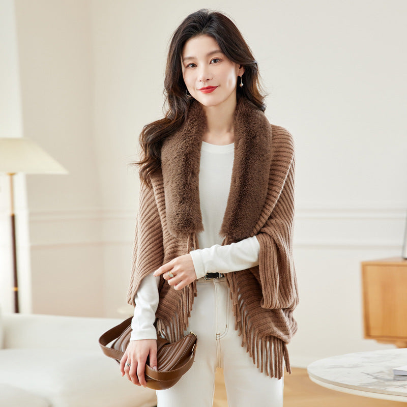 Women's Loose Tassel Fashion Shawl Jacket With Fur Collar - GlamzLife