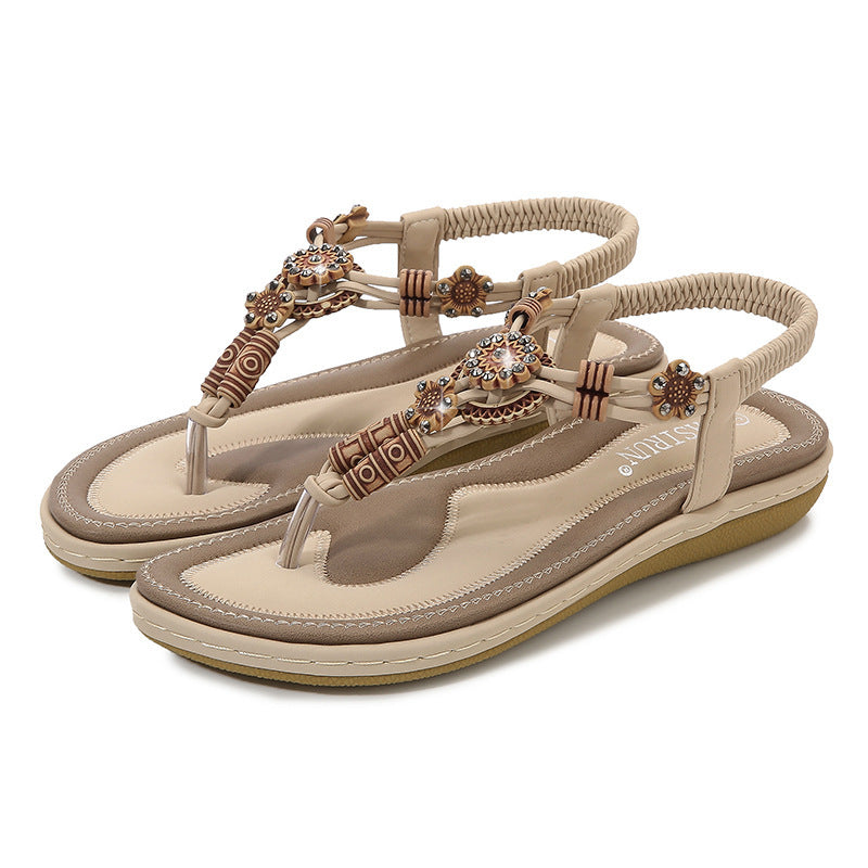 Women's Sandals Wooden Bead Woven Large Size Flat Bottom Casual