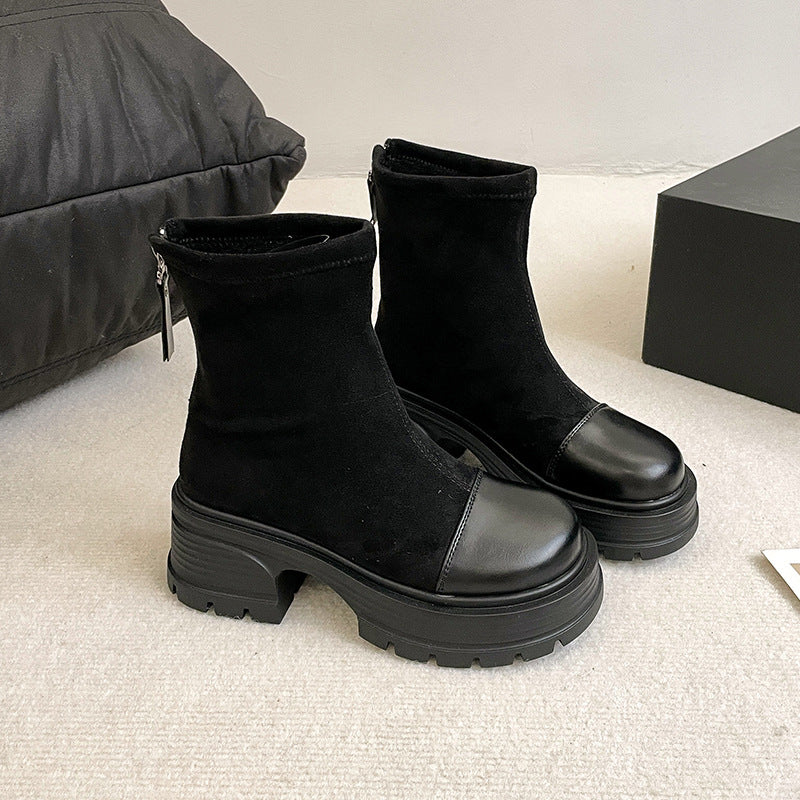 Retro Chunky Heel Versatile High-rise Suede Smoke Tube Boots - GlamzLife