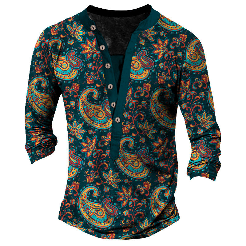 Printed Retro Fashion Casual Henry Neck Long Sleeves T-shirt | GlamzLife