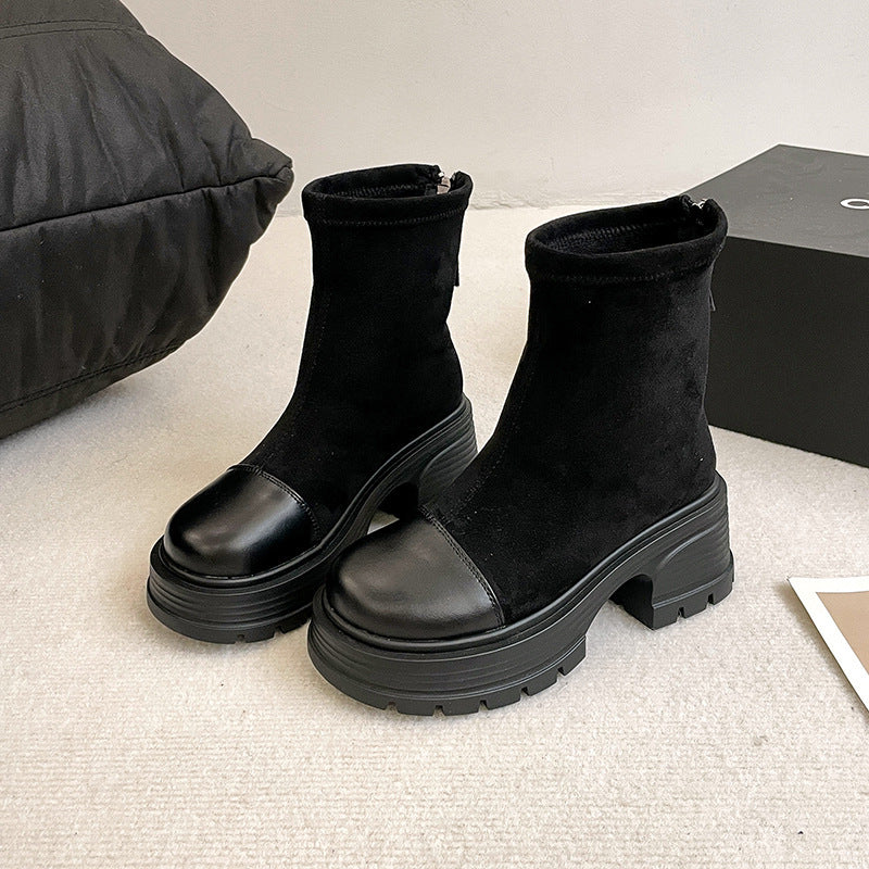 Retro Chunky Heel Versatile High-rise Suede Smoke Tube Boots - GlamzLife