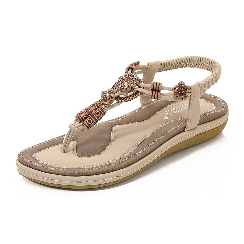 Women's Sandals Wooden Bead Woven Large Size Flat Bottom Casual