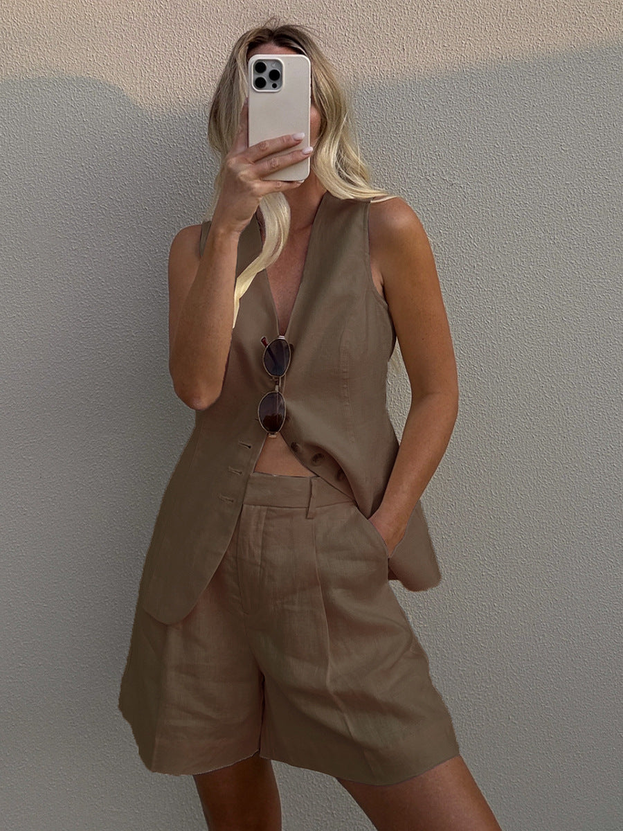 Cotton Linen Shorts Commuter Vest Shorts Suit - GlamzLife