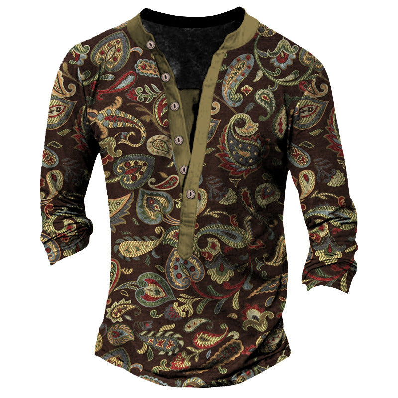 Printed Retro Fashion Casual Henry Neck Long Sleeves T-shirt | GlamzLife