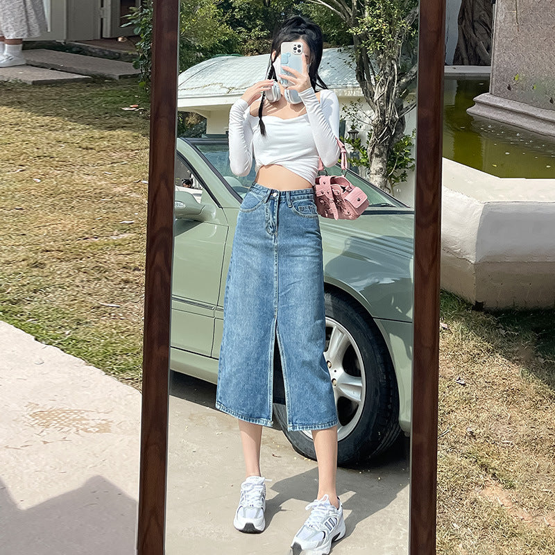 High Waist Slit Denim Skirt For Women - GlamzLife