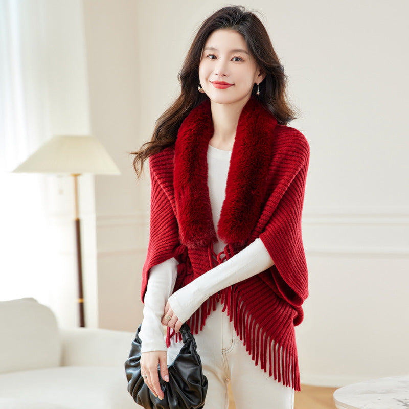Women's Loose Tassel Fashion Shawl Jacket With Fur Collar - GlamzLife