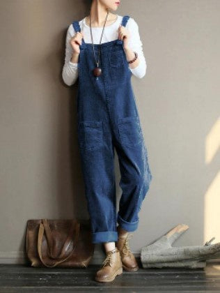 Women's Corduroy Solid Color Casual Bib Pants