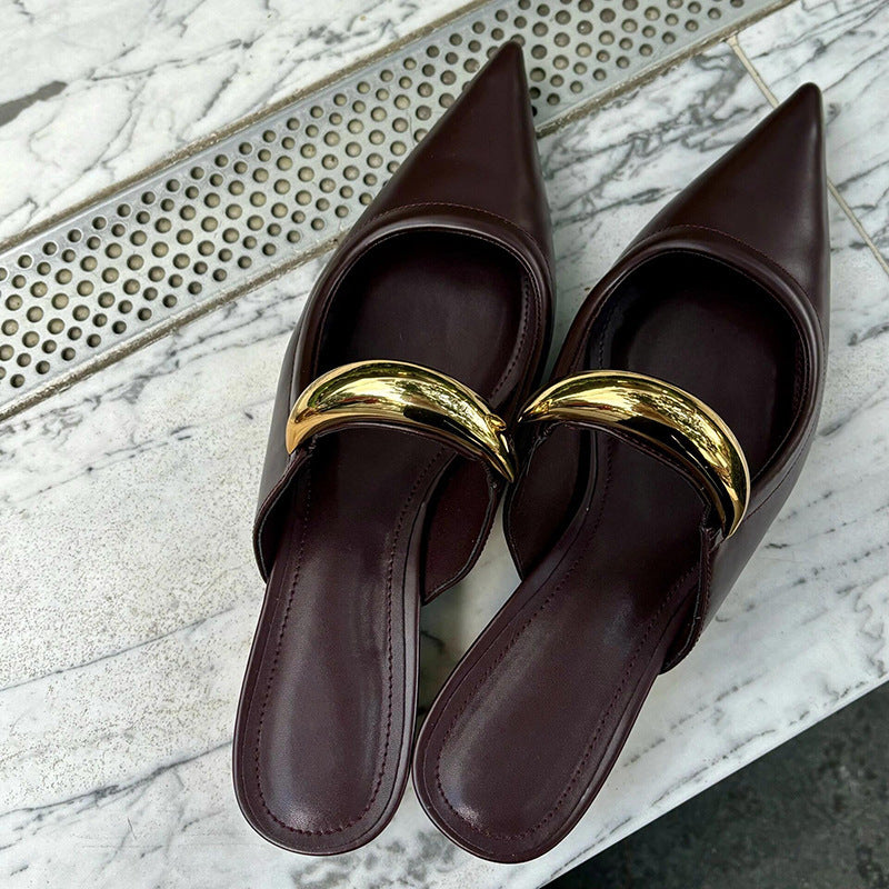 Pointed-toe Slippers Women's Chunky Heel Mid Heel Half Slippers Ferrule Sandals