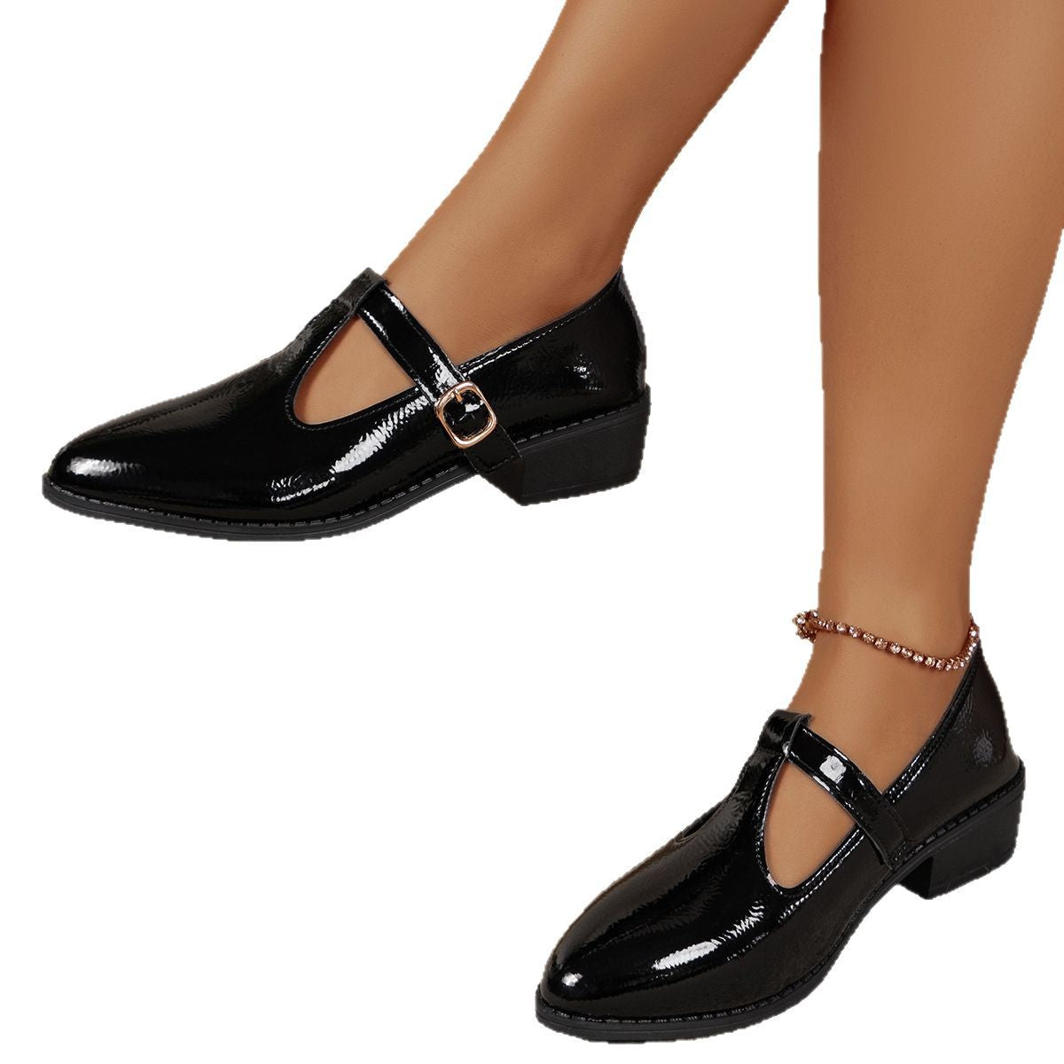 British Style Pointed Toe Shallow Mouth Buckle Shoes Women