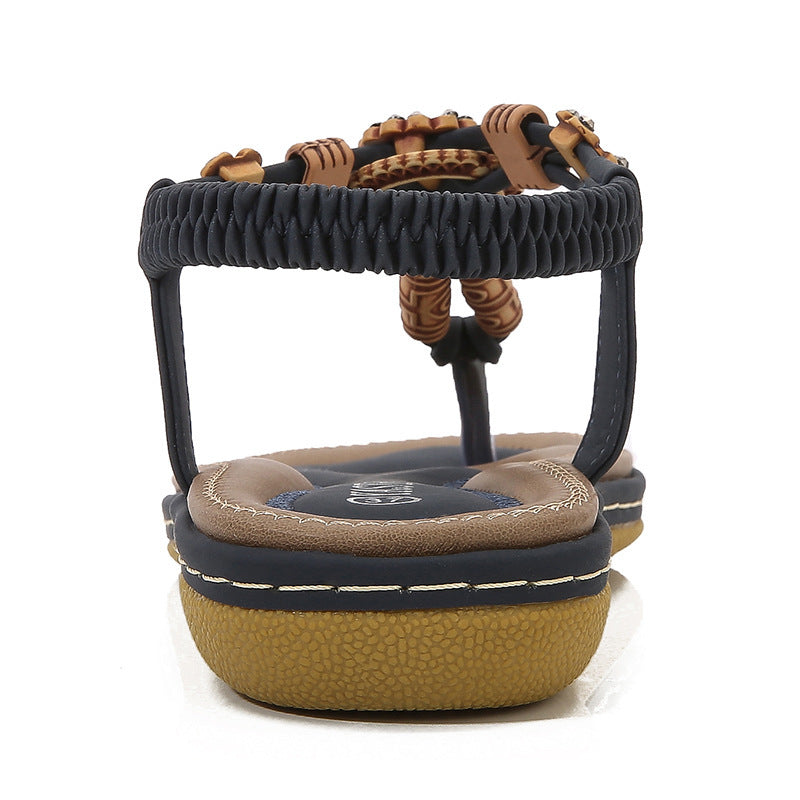 Women's Sandals Wooden Bead Woven Large Size Flat Bottom Casual