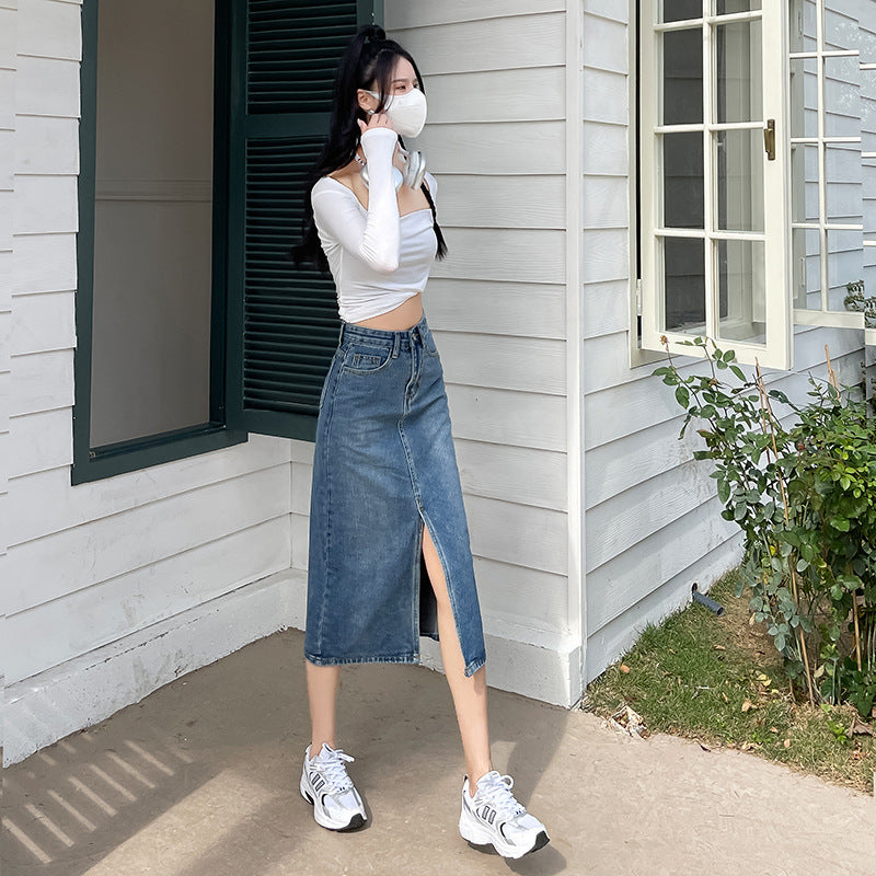 High Waist Slit Denim Skirt For Women - GlamzLife