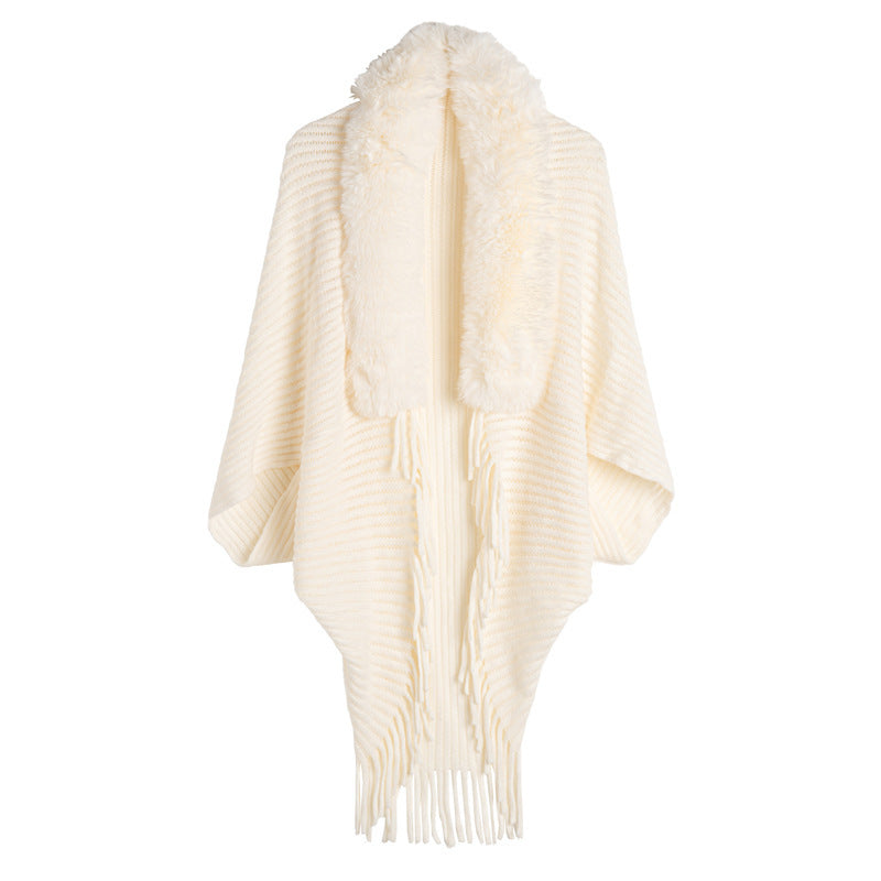 Women's Loose Tassel Fashion Shawl Jacket With Fur Collar - GlamzLife