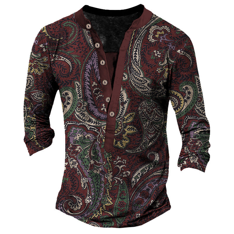 Printed Retro Fashion Casual Henry Neck Long Sleeves T-shirt | GlamzLife