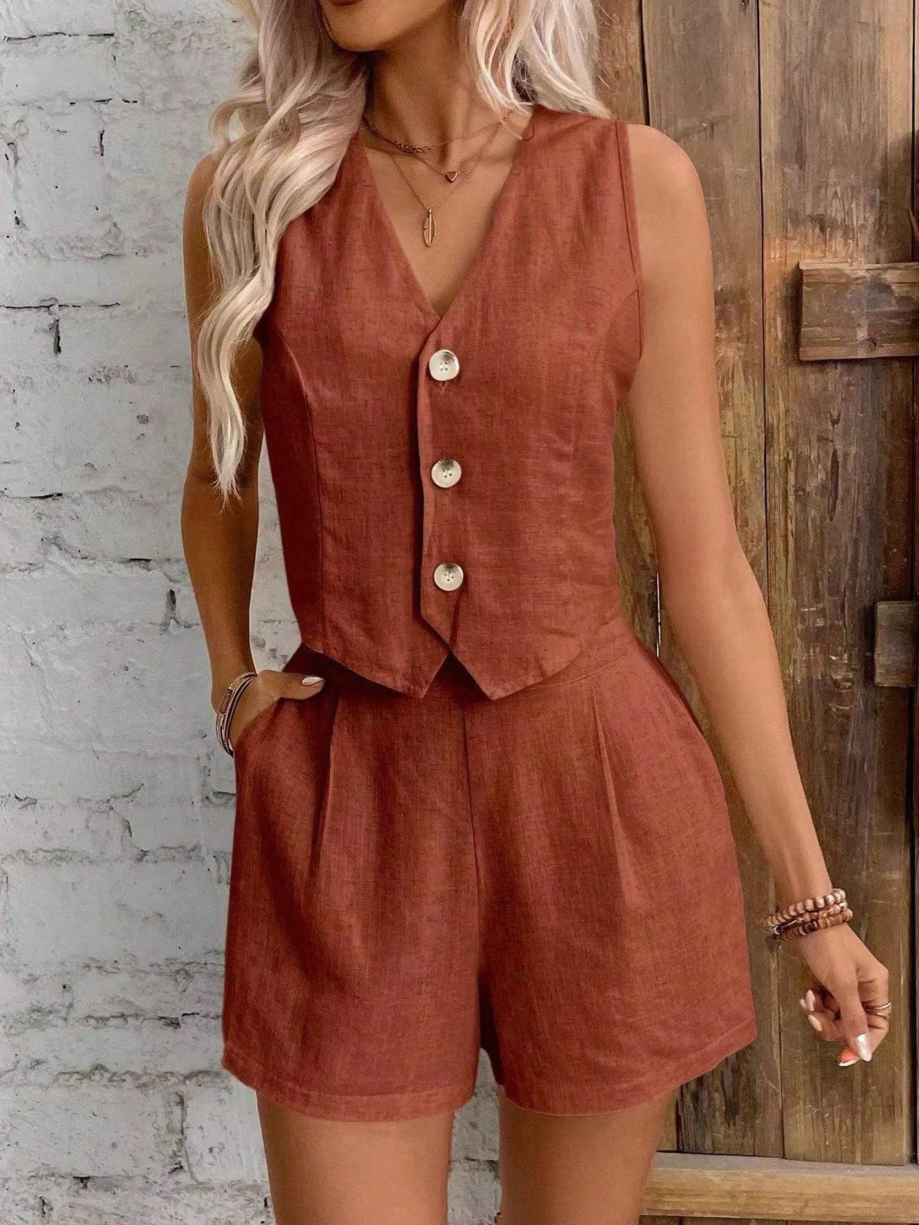 Leisure Commute Front Button Vest And Shorts Suit - GlamzLife