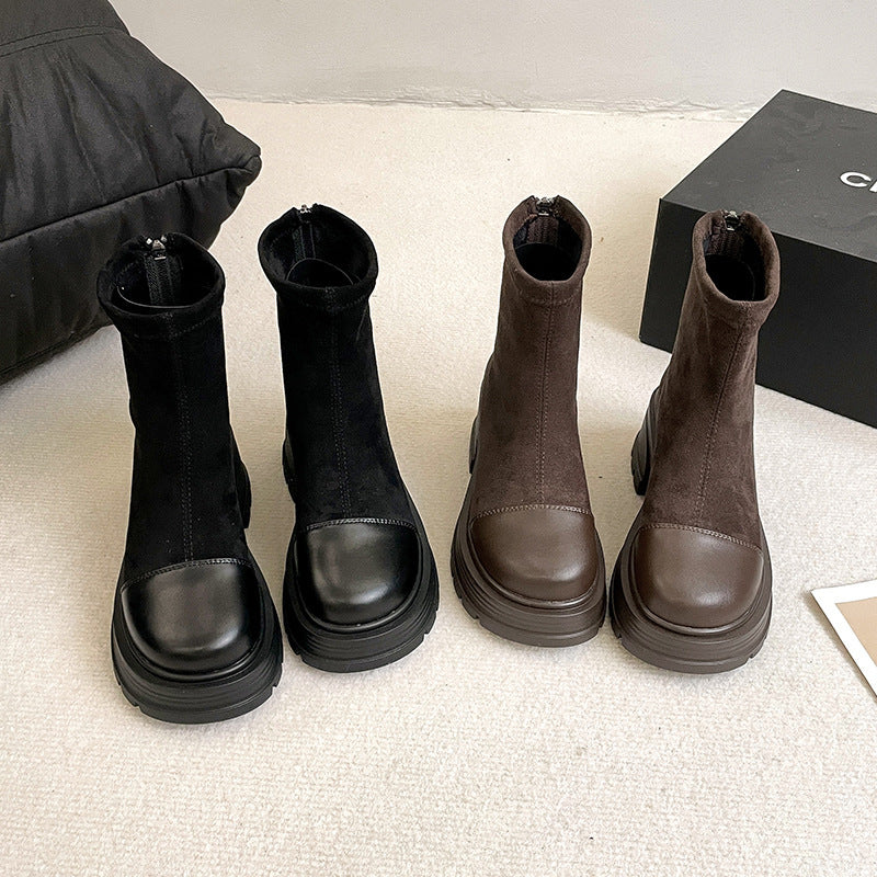 Retro Chunky Heel Versatile High-rise Suede Smoke Tube Boots - GlamzLife