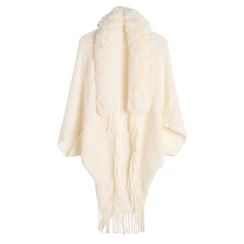 Women's Loose Tassel Fashion Shawl Jacket With Fur Collar - GlamzLife