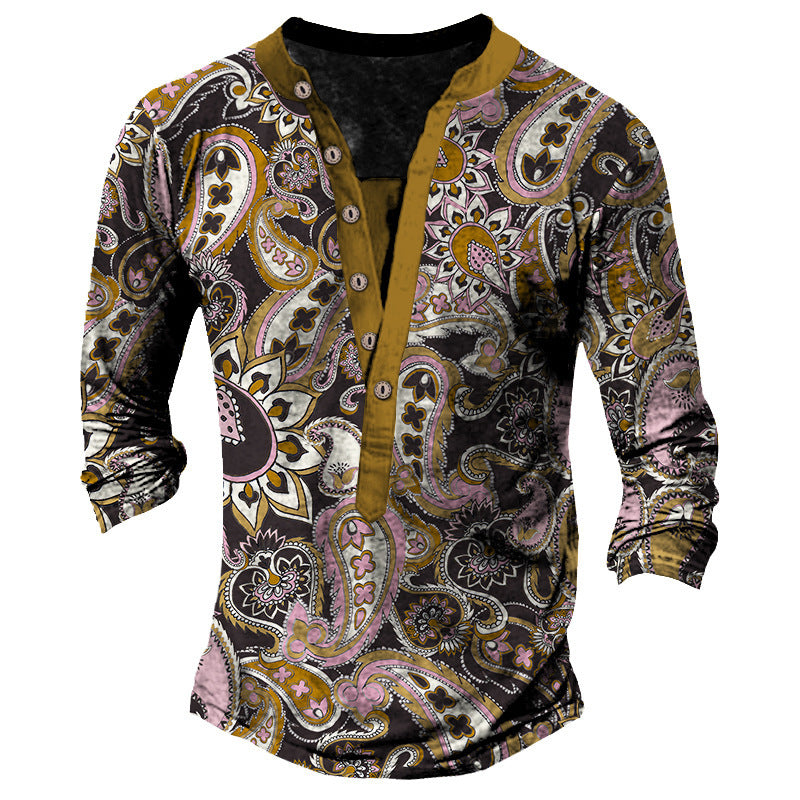 Printed Retro Fashion Casual Henry Neck Long Sleeves T-shirt | GlamzLife