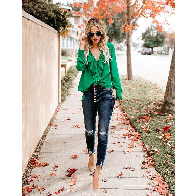 V-neck Flounce Loose And Stylish Long Sleeves Chiffon Shirt