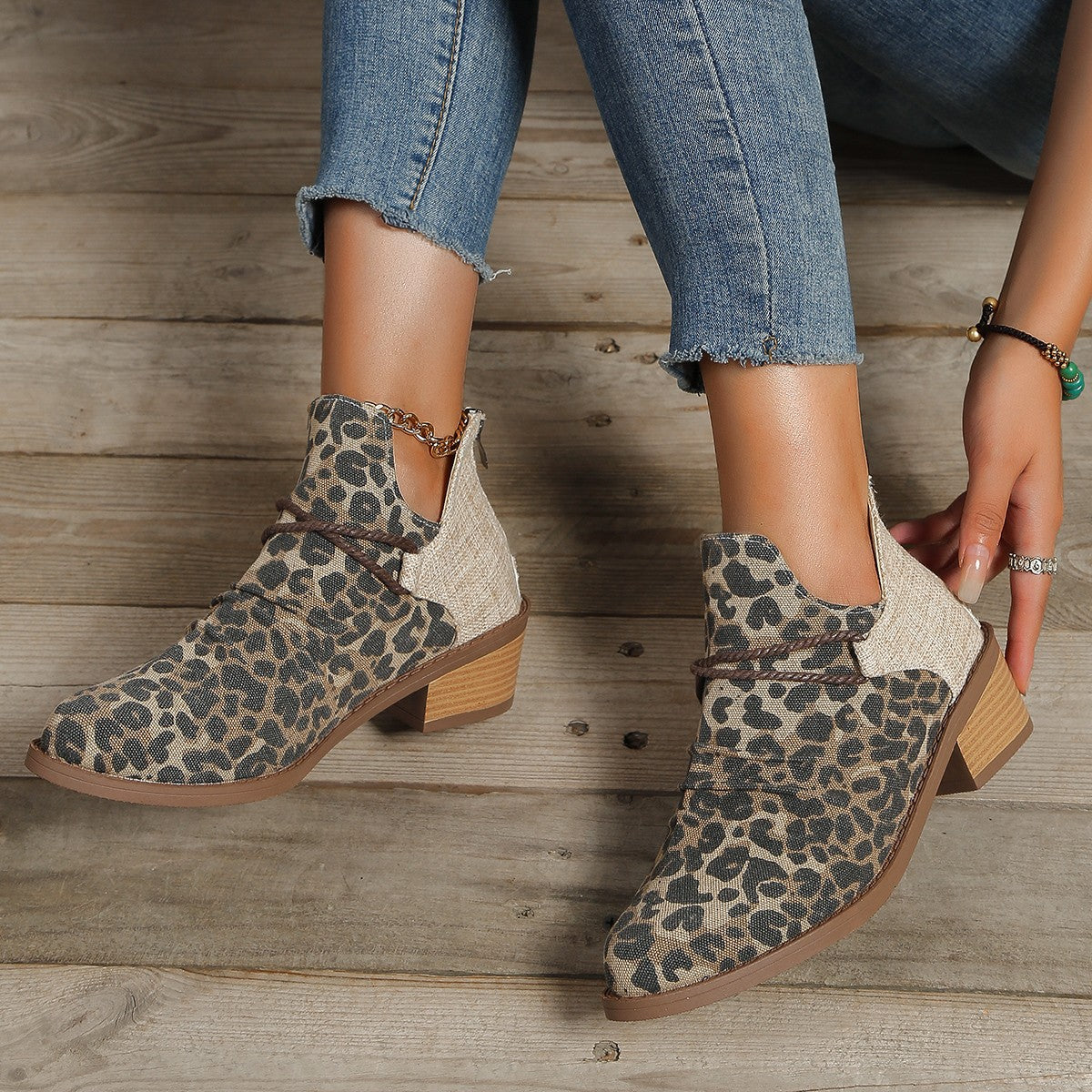 Women's Retro Boots Fashion Leopard Print Shoes Pointed Toe Square Heel Ankle Boots | GlamzLife