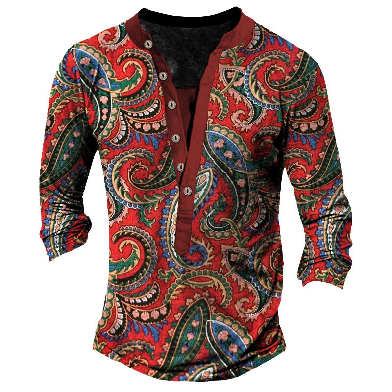 Printed Retro Fashion Casual Henry Neck Long Sleeves T-shirt | GlamzLife