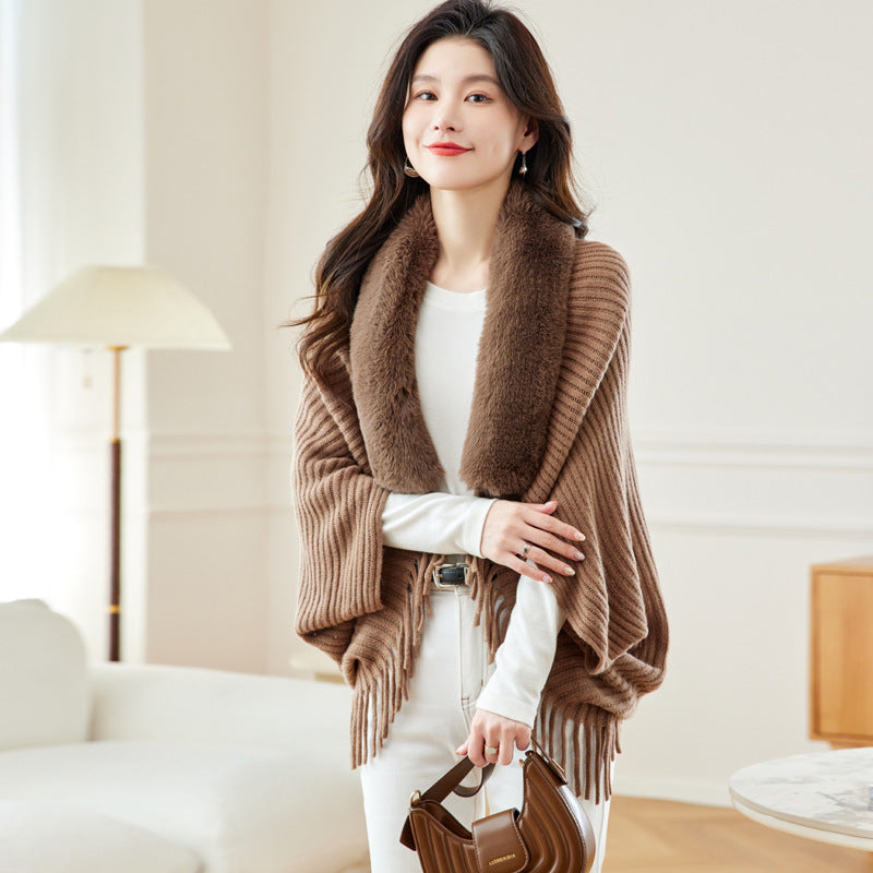 Women's Loose Tassel Fashion Shawl Jacket With Fur Collar - GlamzLife
