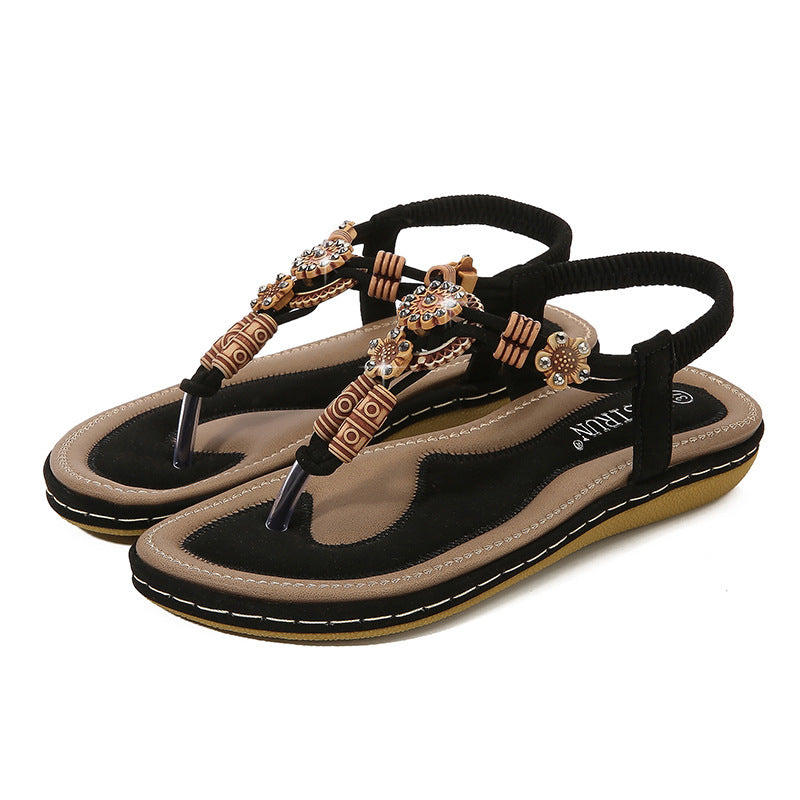 Women's Sandals Wooden Bead Woven Large Size Flat Bottom Casual