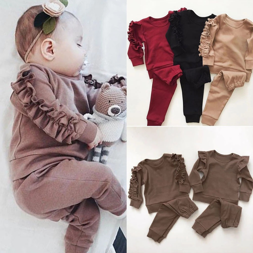 Newborn Baby Ruffles Solid Long Sleeve Sweatshirt Top With Pant | GlamzLife