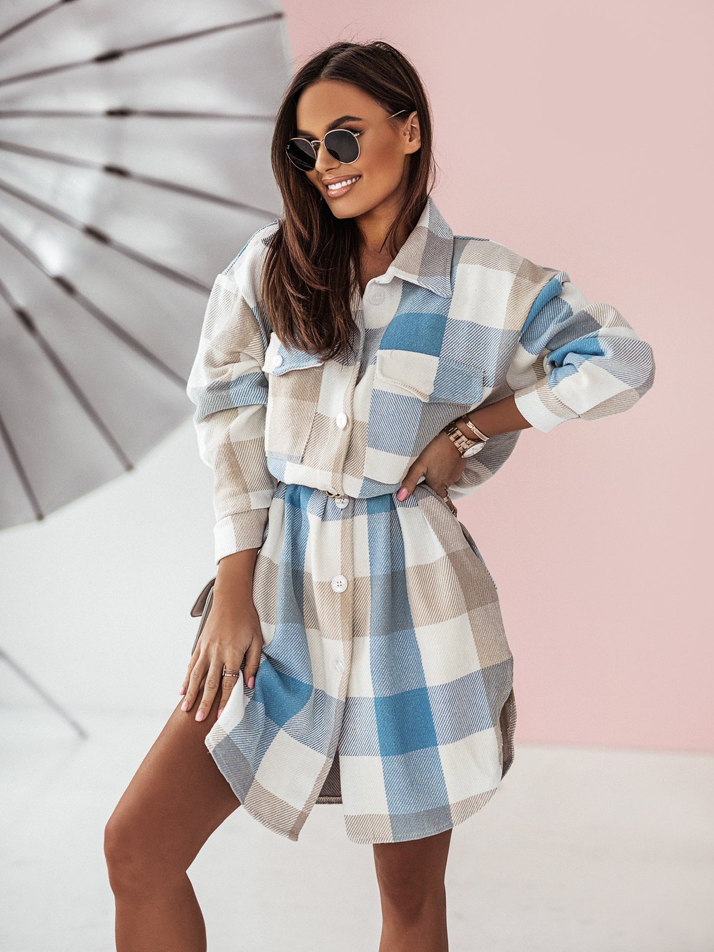 Women's Fashion Long Sleeve Color Plaid Brushed Woolen Long Coat | GlamzLife
