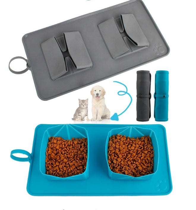 Pet folding double bowl velvet bag dog bowl - GlamzLife