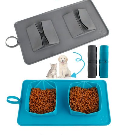 Pet folding double bowl velvet bag dog bowl - GlamzLife