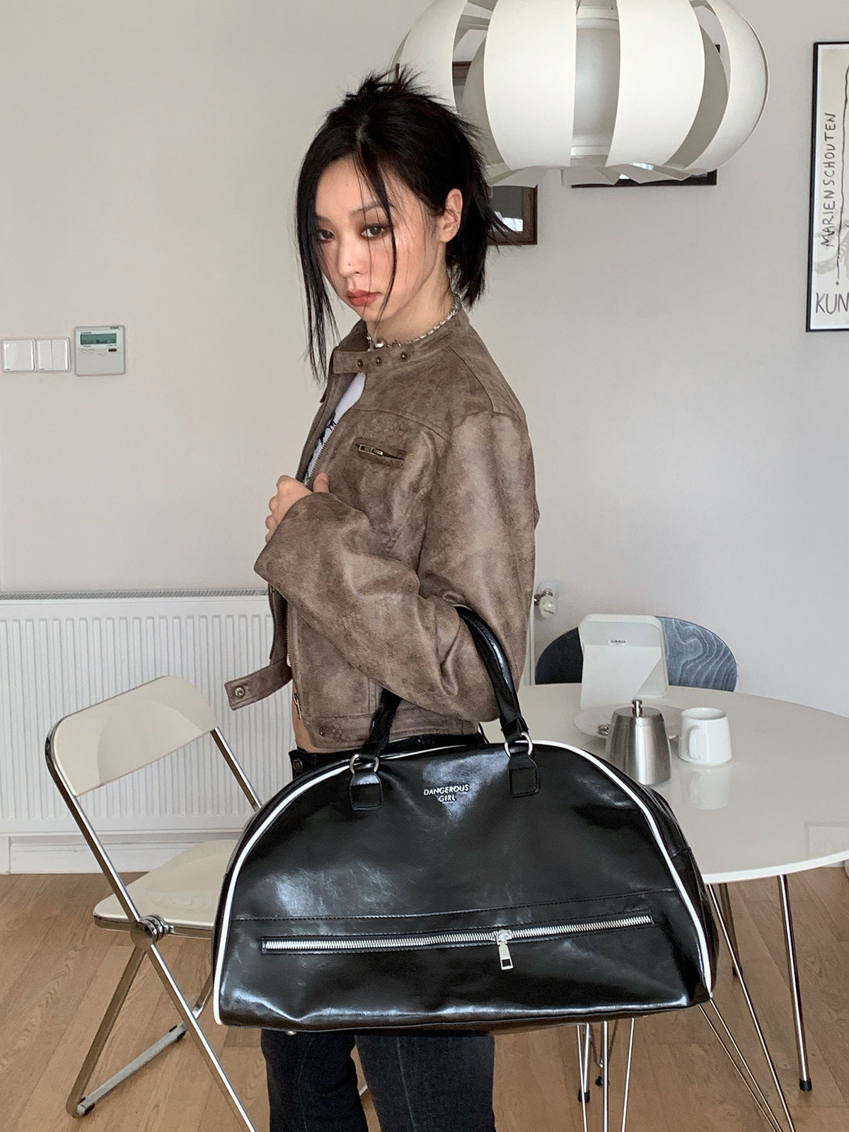 GlamzLife's Women's Brown Suede Biker Jacket - Slim Fit, Long Sleeve