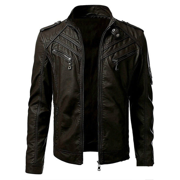 GlamzLife Men's Slim Zip PU Leather Jacket - Stand Collar, Multi-Pocket