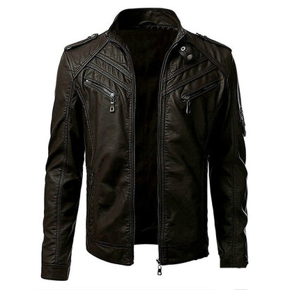 GlamzLife Men's Slim Zip PU Leather Jacket - Stand Collar, Multi-Pocket