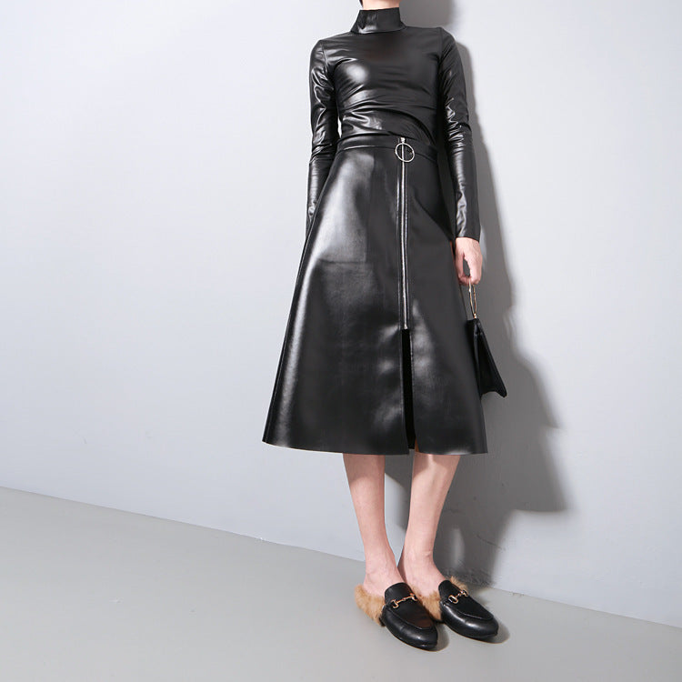 GlamzLife's Women's High Collar PU Leather Jacket dress - Black, Slim Fit