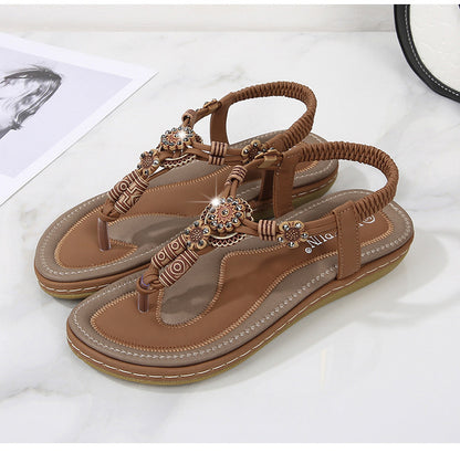 Women's Sandals Wooden Bead Woven Large Size Flat Bottom Casual