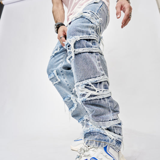 High Street Trousers Man's Pants Full Length Patched Straight Fit Men's Hip Hop Jeans | GlamzLife