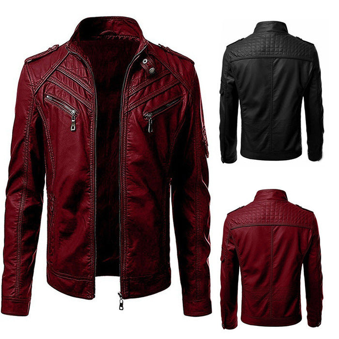 GlamzLife Men's Slim Zip PU Leather Jacket - Stand Collar, Multi-Pocket